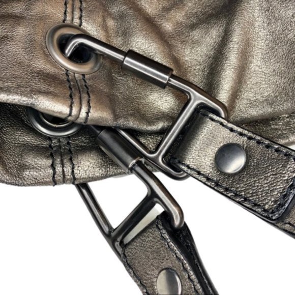 Burberry Dark Nickel Metallic Leather Drawstring Tote with Metal Accents - Picture 8 of 16